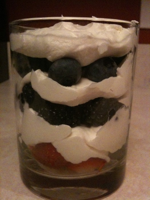 Batali's pasta recipe with Parmesan cheese sauce, salad with herbs from the garden & @__ made this for dessert!