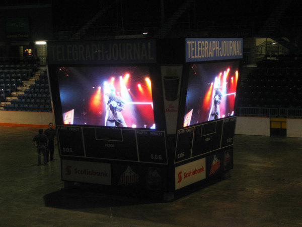 Harbour Station's new video screen plays a concert by Blue Man Group during testing on Thursday morning...