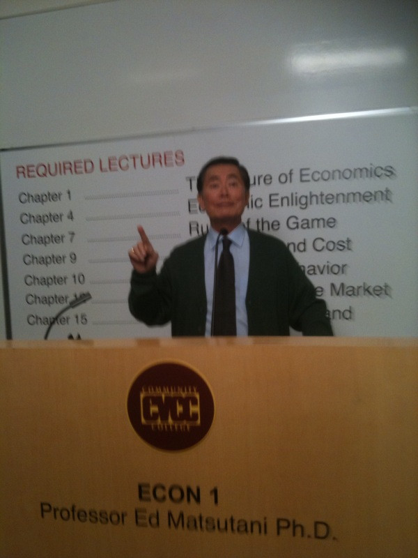 As Prof. Ed Matsutani PhD? George "Take 1" Takei! Larry Crowne is learning lots and lots. Hanx