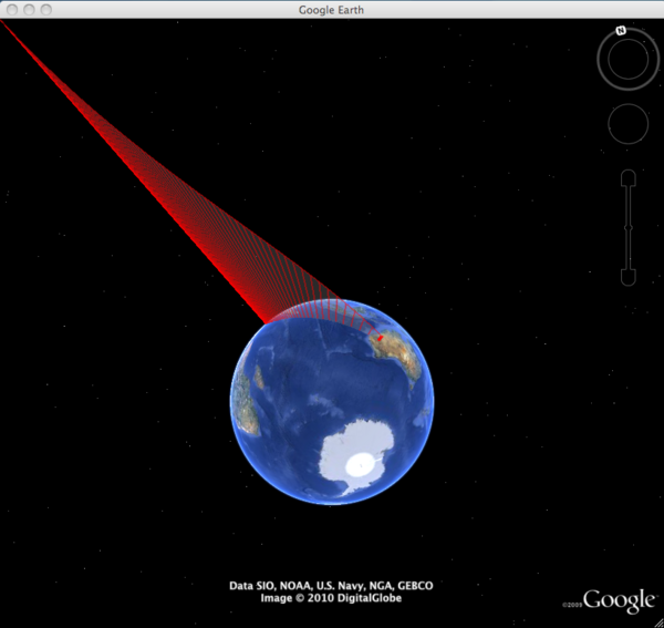 「はやぶさ」の再突入前1時間の軌道をGoogleEarthに表示(昼間にアップしたファイルをちょっと手直し)。惑星間軌道からの直接再突入は美しいねえ。KMLファイル > http://bit.ly/9imJQk