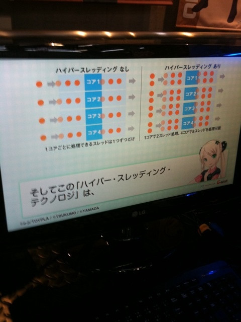 つくもたんスクリーンセーバーは1回の動作が結構長め。トータル10分くらい？ハイパースレッディングやWindows 7の説明もあり。らびたんは終始聞き役。