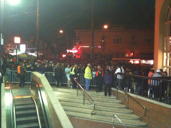 Scene from (closed) Castro Muni station. All roads closed. Riot police in place. *welp*