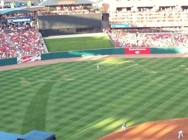 I propose a new Busch Stadium rule: no Eagles played. Ever again. This grass is a disaster after their show. 