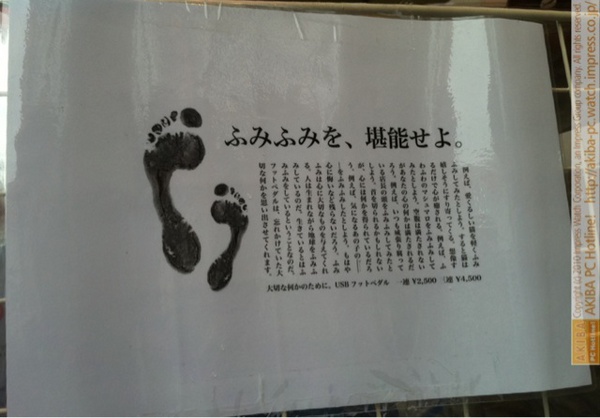 「ふみふみを、堪能せよ」「(前略)いつも威張り腐っている店長の顔を(中略)気になるあの子のーーをふみふみしたとしよう。(中略)大切な何かのために。USBフットペダル一連￥2500三連￥4500」三月兎3号店
