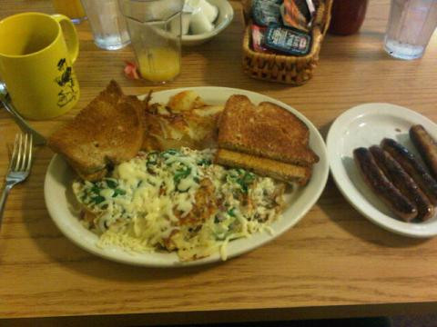 I had a Jumbo egg white omelet with spinach onions bacon and mushrooms