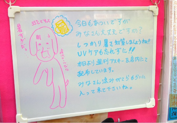 「今日もあついですが、みなさん大丈夫ですか？しっかり暑さ対策しましょうね!!しっかり暑さ対策しましょうね!!UVケアも忘れずに!!本日より週刊アスキーを店内にて配布しています。(後略)」サンコーレアモノショップ秋葉原総本店