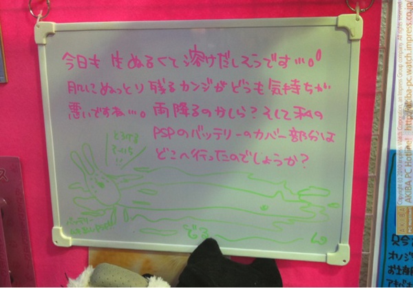「今日も生ぬるくて溶けだしそうです…肌にぬっとり残るカンジがどうも気持ちが悪いですね…。雨降るのかしら？そして私のPSPのバッテリーのカバー部分はどこへ行ったのでしょうか？」サンコーレアモノショップ秋葉原総本店