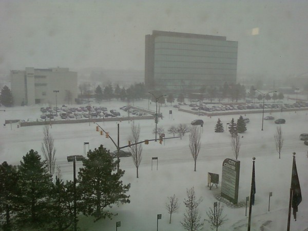 Still snowing in Detroit.
