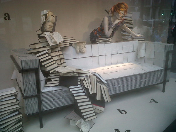 Interesting book sculpture window display at Harvey Nichols