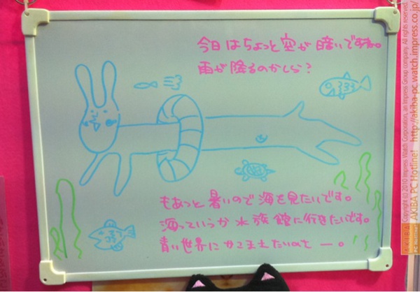 「今日はちょっと空が暗いですね。雨が降るのかしら？もあっと暑いので海を見たいです。海っていうか水族館に行きたいです。青い世界にかこまれたいのさー。」サンコーレアモノショップ秋葉原総本店