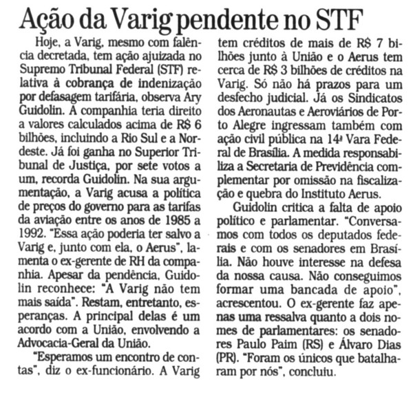 Jornal Correio do Povo veicula reportagem sobre o Caso dos Aposentados Aerus Varig. (Parte 4)