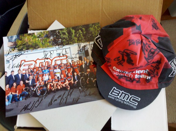 Just arrived - @BMCProTeam signed photo and cap! What an awesome prize. TY @sweide for making it happen.