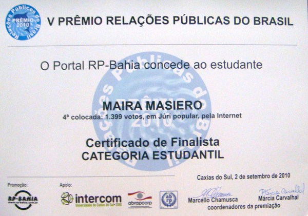 A RPjr parabeniza a aluna Maira Masiero, do 2º ano de RP, pela excelente classificação no V Prêmio RP do Brasil.