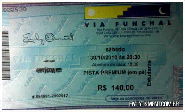 Ingresso do show de São Paulo da Emily Osment (30/10)
