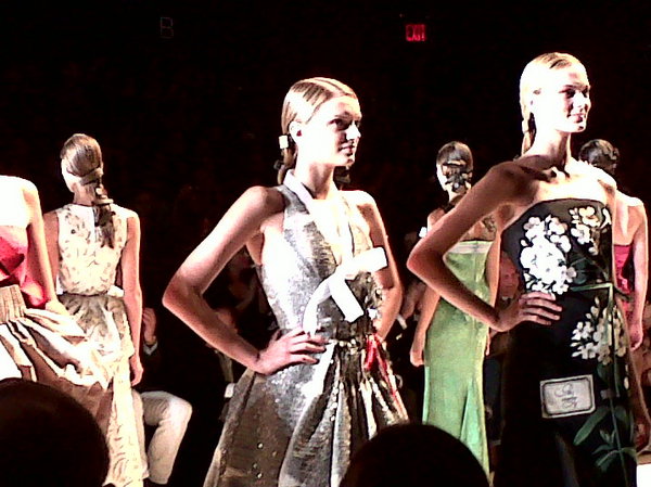 Favorite model, favorite gown: Lily Donaldson in beige crystal embroidered etched fils coupe organza two tiered gown with applique brooches. Carolina Herrera. #nyfw #mbfw