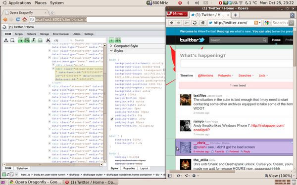 Screenshot of debugging Opera using Dragonfly running in chrome.