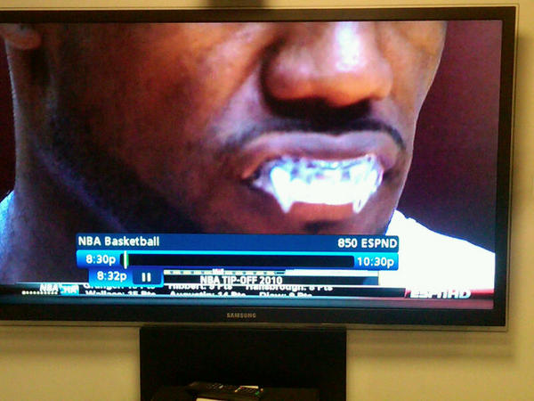 Check out LeBron's mouthguard with fangs tonight. Fine to come.