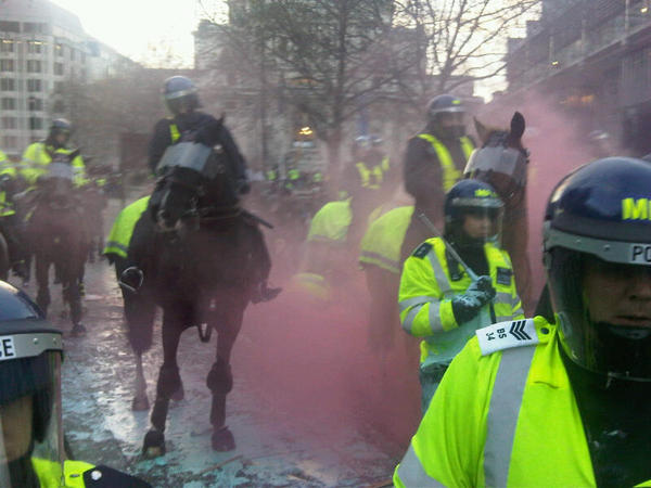 #dayx3 mounted police have charged protesters. Sparse updates due to fear!#demo2010 #ell