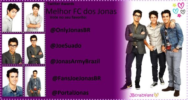 Concorrentes a melhor FC dos Jonas Brothers: @OnlyJonasBR @JoeSuado @JonasArmyBrazil @FansJoeJonasBR @PortalJonas ! Vote em qual você prefere :D ps: VOTE APENAS 1 VEZ!