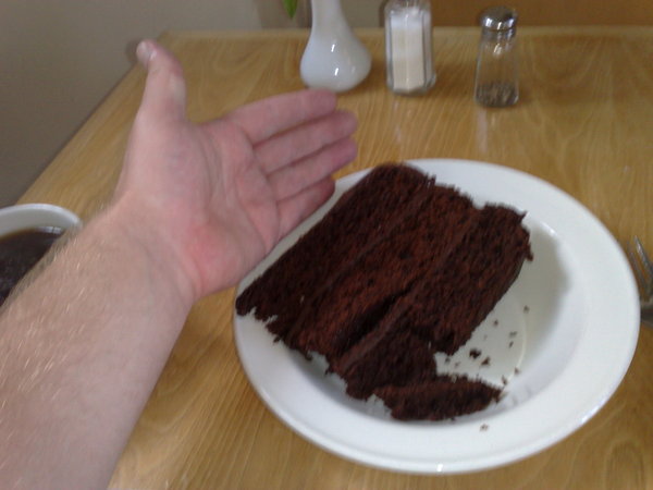 Good grief. Unexpectedly large piece of cake (with my hand for scale)