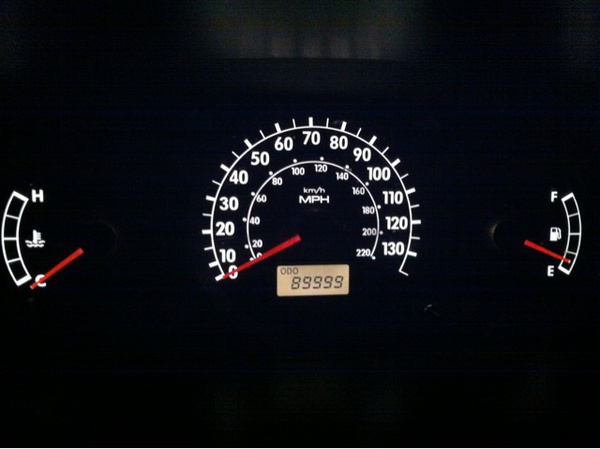 I actually was stopped at a light when our 2003 Spectra rolled over to 90,000 miles, but I let the moment pass. 