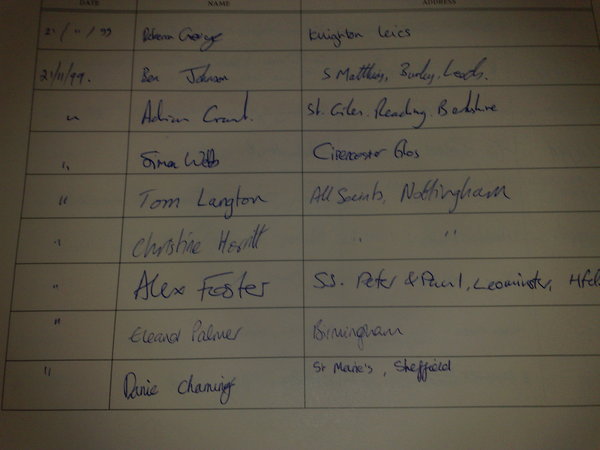 Rang at Durham Cathedral tonight. Found page in visitor book from my previous visit 10 years ago.