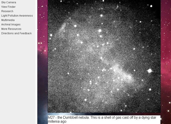 A picture of M 27 taken with York University's 60 cm telescope during the #iya2009 live observing event tonight, seen at http://astronomy.blog.yorku.ca/public-viewing/60cm_telescope (in the chat it was said that the event will repeat next week).