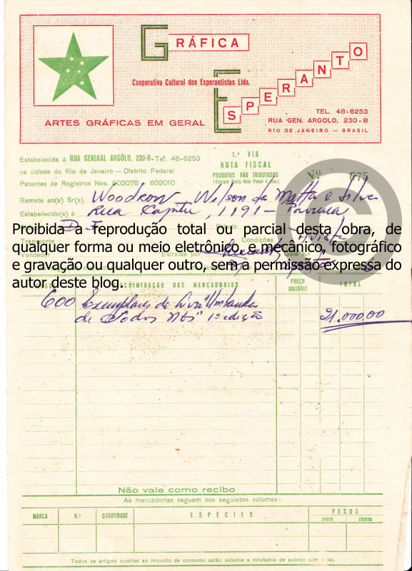 Nota Fiscal da 1ª edição do livro "Umbanda de Todos Nós" emitida pela Gráfica e Editora Esperanto em 31 de agosto de 1956!