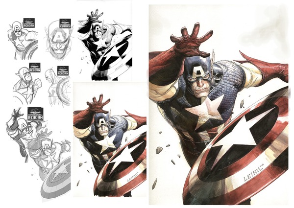 Proceso de la portada variante de Captain Amerca Reborn 3 creado por Leinil Yu. Me gusta mucho su trabajo.