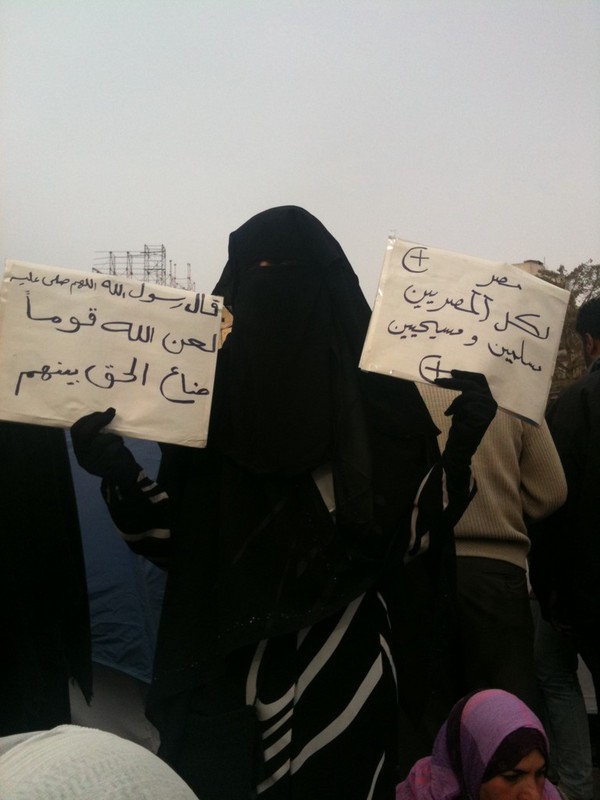 Woman in niqab standing in #Tahrir today holding a sign: #Egypt is for everyone, Muslims and Christians #Jan25