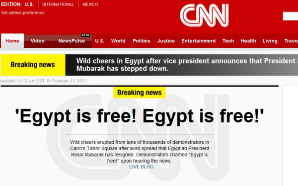11: 15 a.m. ET,  Friday, Feb. 11, 2011: CNN.com front page "Egypt is Free!"