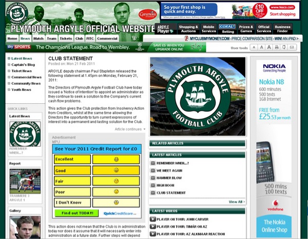 A rather unfortunate advert on Plymouth's website. #pafc.  I wish the Pilgrims well in their fight ahead. 