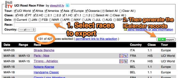 A test/beta iCalendar export option has been added to our UCI World Calendar program: http://www.steephill.tv/uci-cycling-calendar/ When you do any filtering of races, you'll now see an iCal button on the right side of the screen. It has been tested with Google Calendar and Apple's iCal. Your feedback is appreciated.
