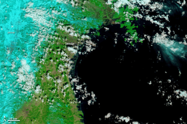Satellite Image of Flooding from Tsunami near Sendai, Japan, blinking GIF (NASA http://1.usa.gov/eQISd1)