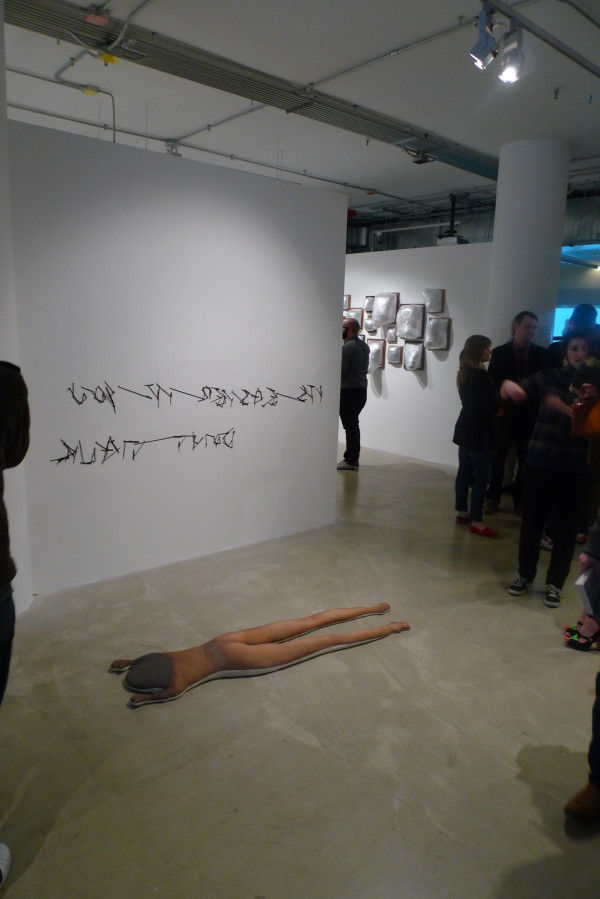 the craziest work at SAIC's MFA Show: Kate Hampel's Prone to lying (printed cotton and rock salt)