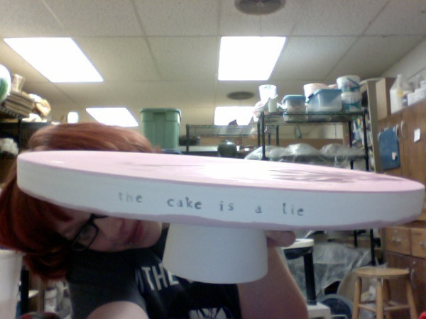 YES! Super awesome custom 15" Portal cakestand survived the bisque. Now to do the same with the glaze firings. #weddingworkisstressful