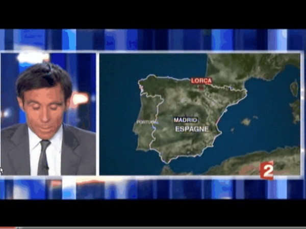 Fijaos dónde ha situado Lorca la televisión pública de Francia (La 2). #terremotomurcia #terremoto 
