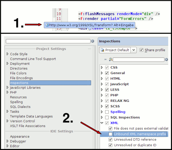 #Fluid + #Phpstorm tip: Get rid of that blue box (1) ? Uncheck Settings->Inspections->XML->unbound XML name... (2)