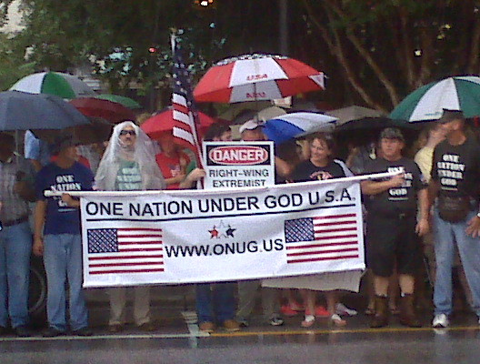 Someone should tell these protestors "Under God" wasn't added to Pledge till 1954. #schoolprayer