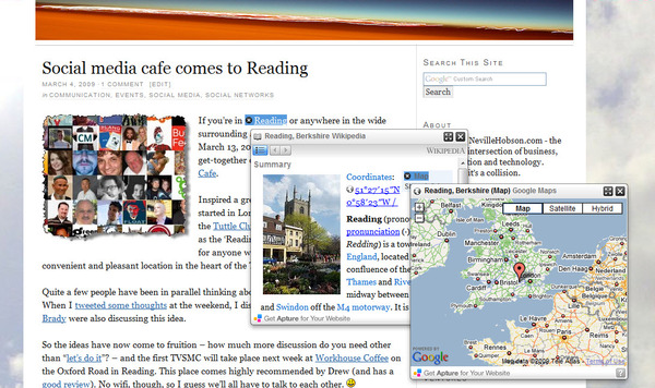 I just love the elegance of how Apture works on a blog: discreet popups.