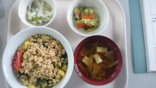 久しぶりに病院昼ごはんをアップ。三色丼、山芋とオクラ(*^_^*)、野菜のあんかけ、豆腐と野菜のけんちん汁？