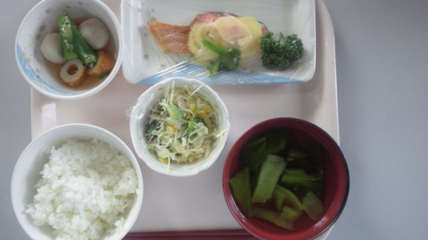 外来終わって昼ごはん。サラダ、煮物、鮭+チーズ、青梗菜のスープ(@^▽^@)