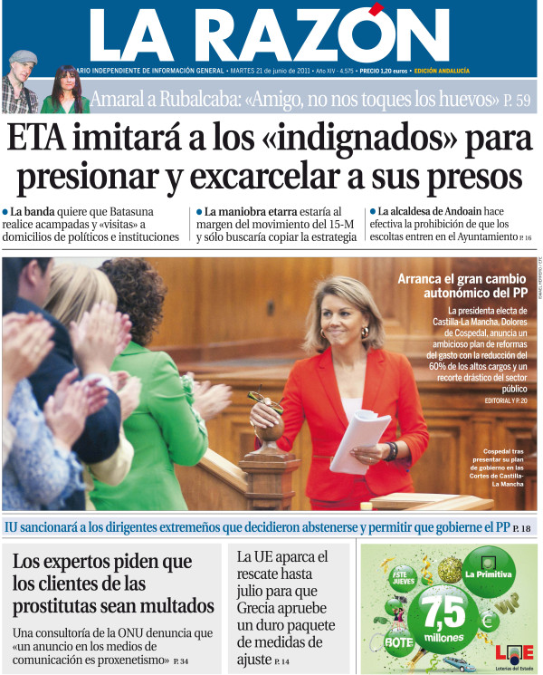 Aquí tenéis, en exclusiva para tuiteros, la portada de mañana lunes 21 de junio