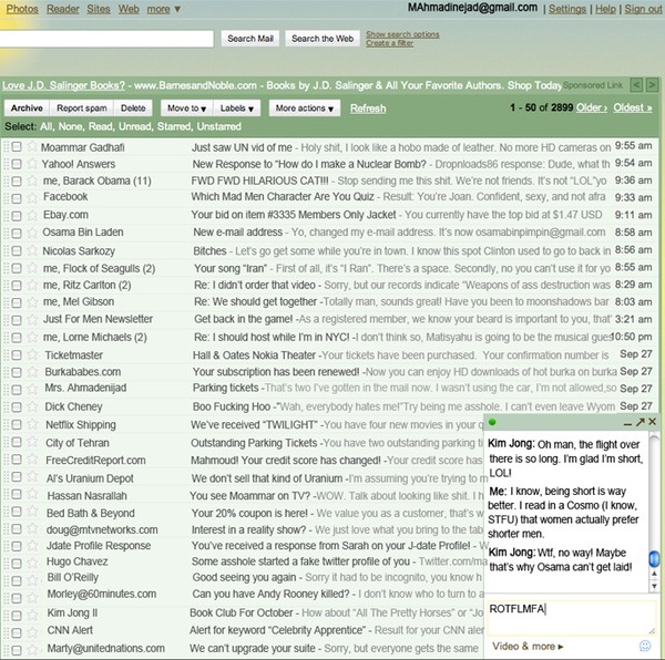 funny, Ahmadinejad's gmail inbox, in case you haven't seen it