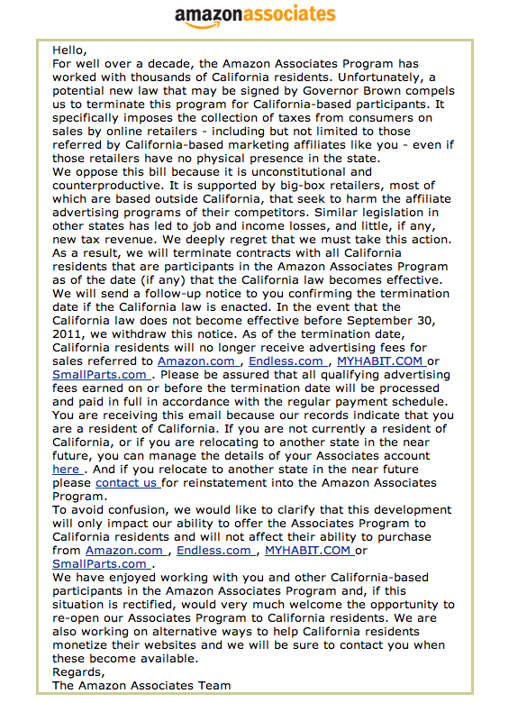 Amazon California Associate Program termination notice