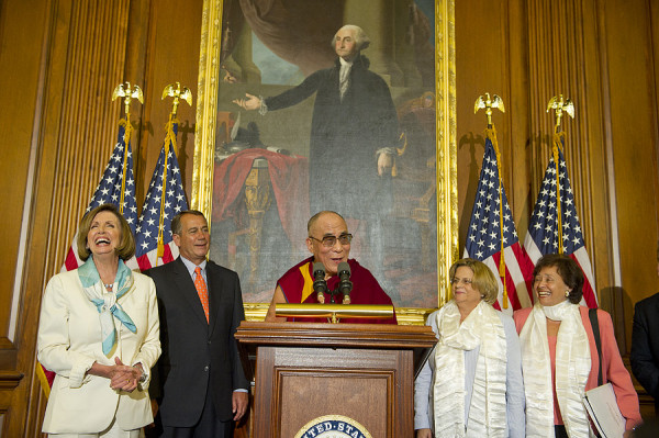 HHDL speaks to the press after meeting with congressional leaders on Capitol Hill in Washington DC on July 7th.     With His Holiness are Minority Leader Nancy Pelosi (D-CA), House Speaker John Boehner (R-OH),  Ilean Ros-Lehtinen (R-FL), and Nita Lowey (D-NY). Photo/Tenzin Choejor/OHHDL