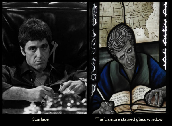 Noticed this in The Lismore Pub, Glasgow - stained glass window Scarface homage?