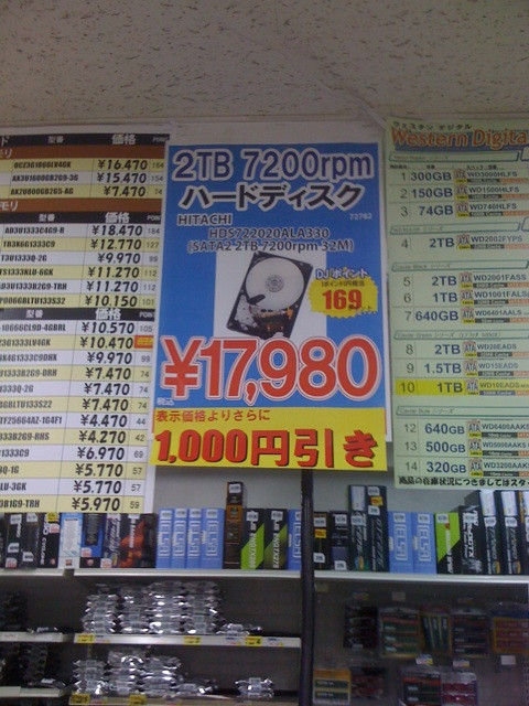 ドスパラ本店で、日立の2TBが17980円から1000円引きの16980円で特価販売中。本日16時からのタイムセール特価で、本日閉店までの価格。