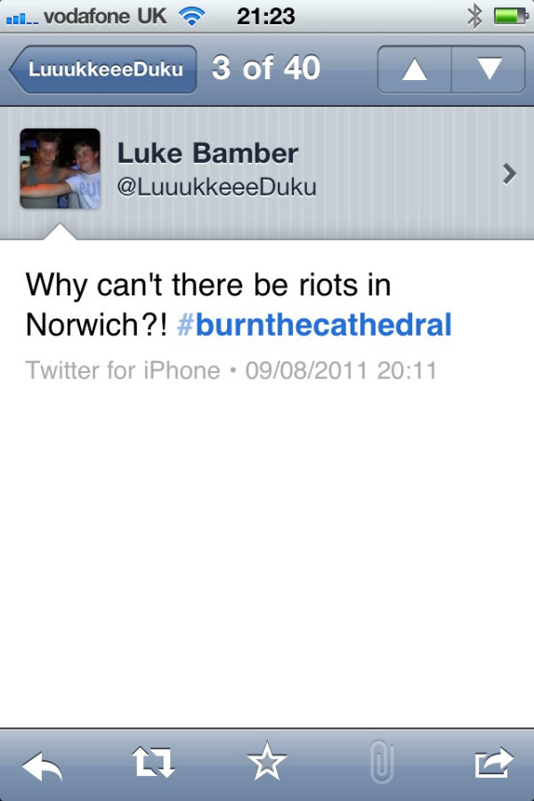 This guy is trying to organise riots in #Norwich! Someone bring him to justice!