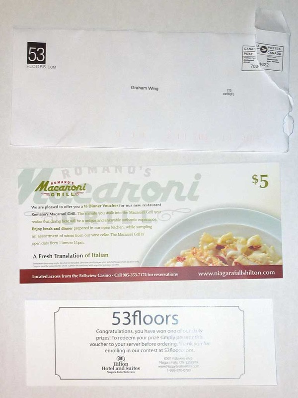 The contest was in July.
In August, the Hilton knew who won.
On August 31 I got an email telling me I won a $5 voucher.
In mid-October I got the voucher in the mail.